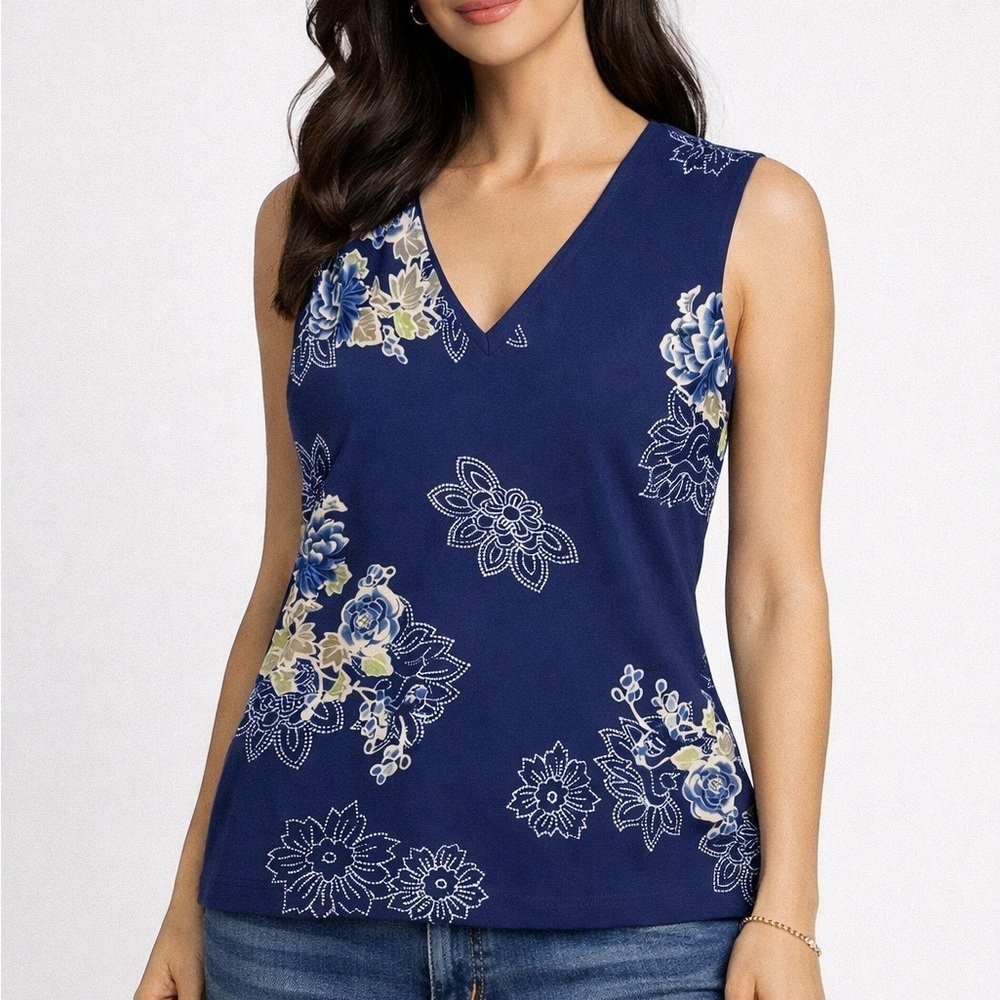 Casual Corner Navy Floral V-Neck Blouse